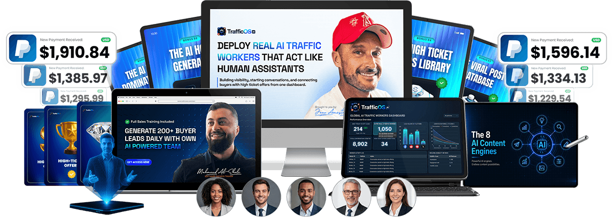 TrafficOS AI product preview image showing the dashboard, training modules, and bundled bonuses from the official launch page.